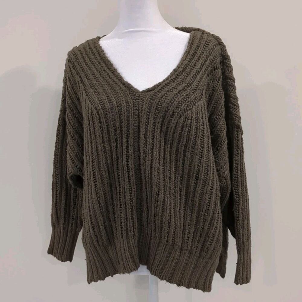 Olivaceous Boxy Sweater Olive Green 3/4 Sleeve Oversized Chunky Knit Womens M